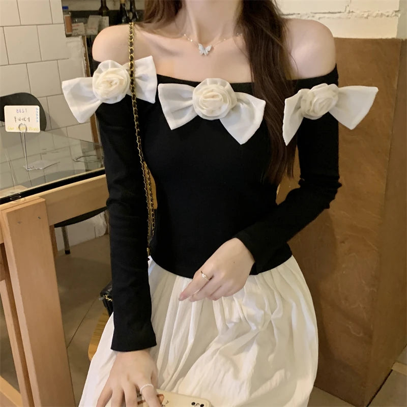 Sweet Hot Girl Off Neck Longsleeved Sweater Autumn Threedimensional Flower Knitted Sweater Female Clothes
