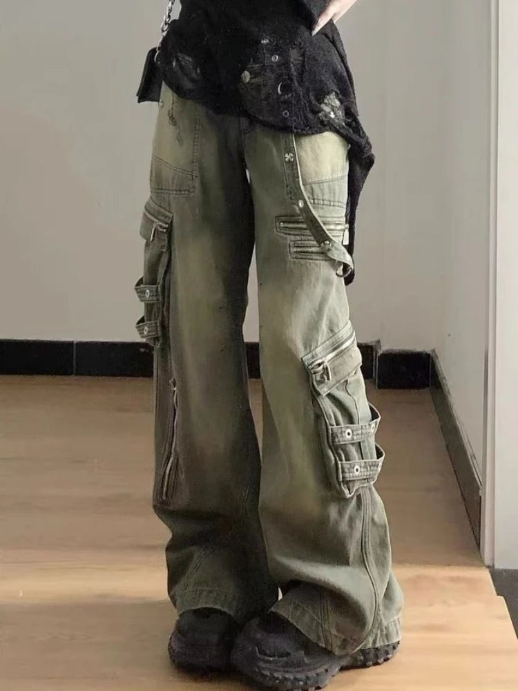 Zipper Cargo Denim Pants Hip Hop Retro Loose Pockets Straight Wide Leg Jeans Y2k Causal Female Trousers