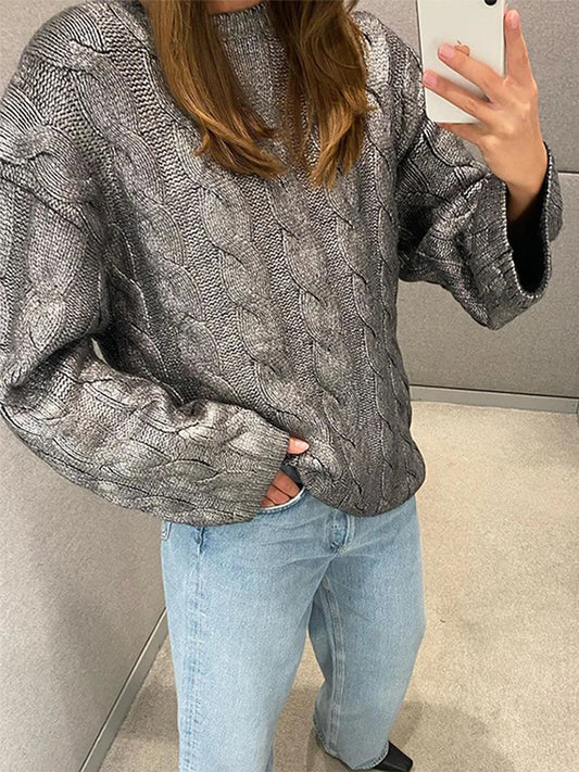 Knitted O-neck Sweater Loose Sliver Long Sleeve Pullover Sweaters Female Winter High Street Knitwear