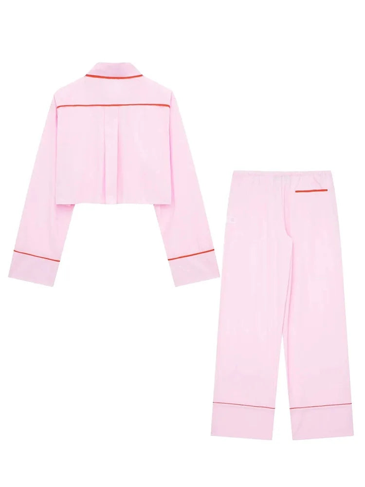 Spring Pink 2piece Set Woman Lapel Long Sleeves Single Breasted Shirts Crop Tops Female High Waist Wide Leg Pant