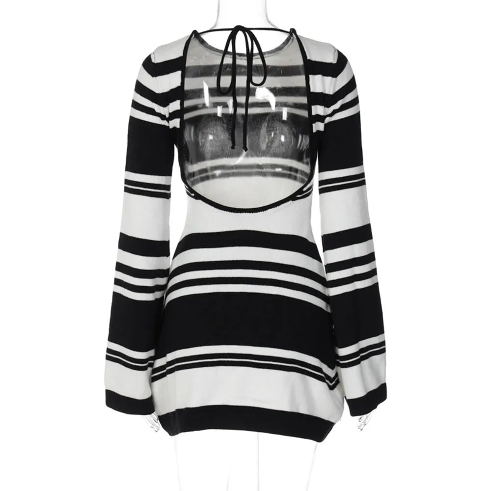 Knitted Backless Dress for Autumn Slim Color Block Mini Dresses Holiday Lace Up High Waist Dress Woman