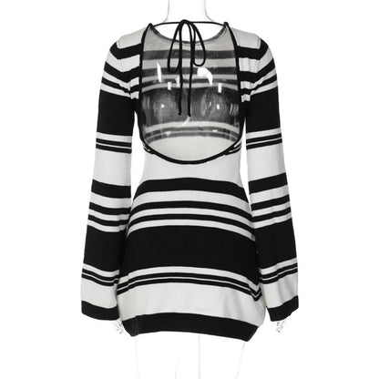Knitted Backless Dress for Autumn Slim Color Block Mini Dresses Holiday Lace Up High Waist Dress Woman