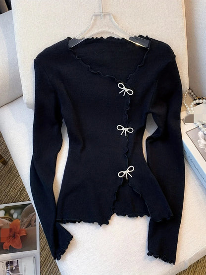 Black/white Lettuce Trim Bowknot Pullover Sweater Y2k Long Sleeve Sweater for Spring & Fall ’s Clothing