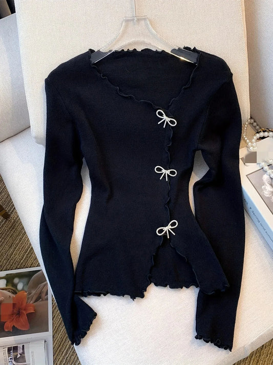Black/white Lettuce Trim Bowknot Pullover Sweater Y2k Long Sleeve Sweater for Spring & Fall ’s Clothing