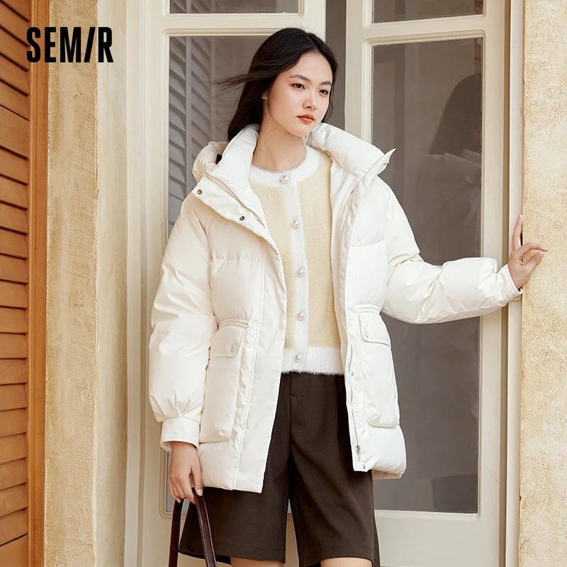 Down Jacket Mid-length Loose Raglan Sleeve Simple Warm Winter Three-defense Hooded Coat