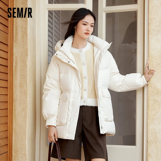 Down Jacket Mid-length Loose Raglan Sleeve Simple Warm Winter Three-defense Hooded Coat