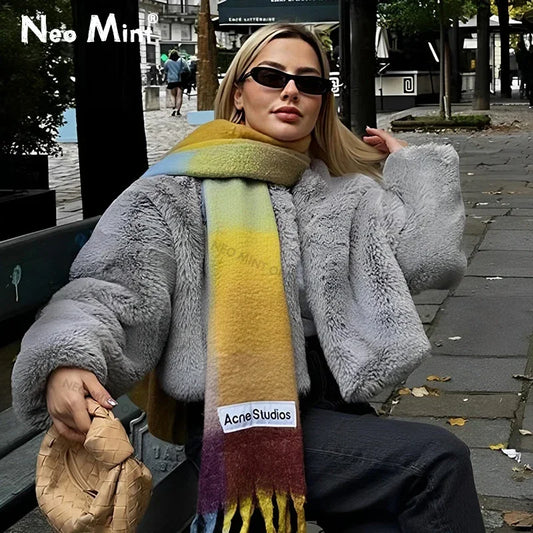 Winter Faux Rabbit Fur Coat Soft Warm Furry Fur Jacket Street Style Girl Outerwear Overcoat
