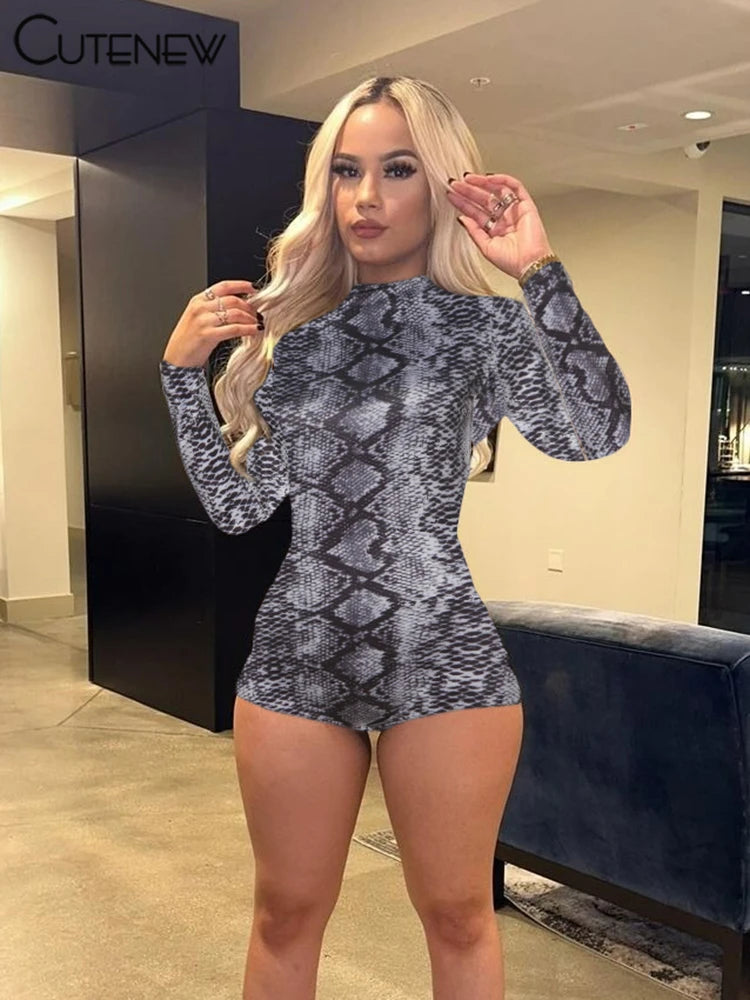 Popular Leopard Print Playsuit Autumn New Full Sleeve O-neck Skinny Stretch Rompers Mujer Street Clubwear