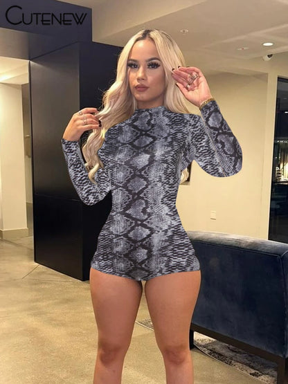 Popular Leopard Print Playsuit Autumn New Full Sleeve O-neck Skinny Stretch Rompers Mujer Street Clubwear