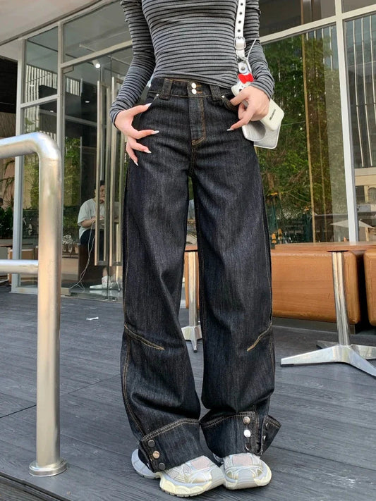 Black Wide Leg Jeans With Rivets Y2k High Wasit Denim Pants Korean Style Kpop Baggy Harajuku Trousers New