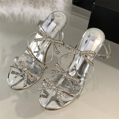 Summer Crystal Butterflyknot Pointed Toe Pumps Buckle Strap High Heels Party Prom Sandals Mule Shoes