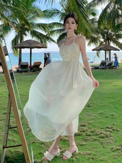 Backless Pleated Aline Long Dresses Summer Beige Slim High Waist Holiday Sleeveless Round Neck Halter Bandage Fairy Dress