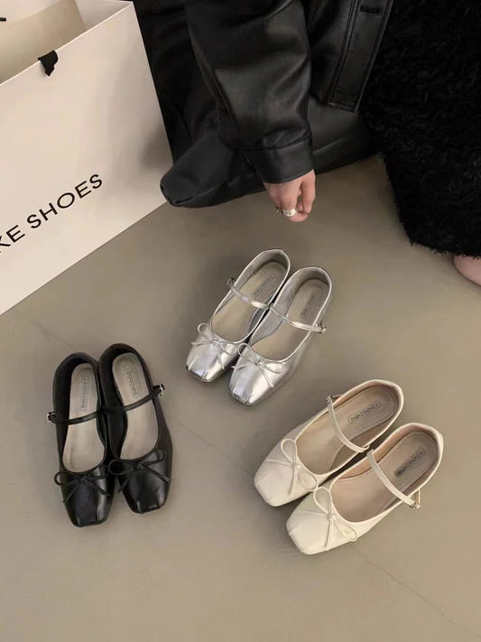 French Flat Bottomed Mary Jane Single Shoe Shoes New Spring and Autumn Korean Version Silver Shoes