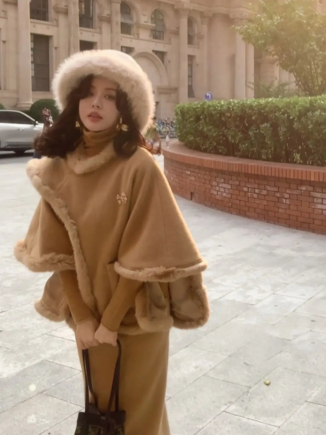 French Retro Style Cape Shawl Wool Coat Top Maxi Skirt Set Winter Socialite Commuting Color Two Piece Sets Outfits