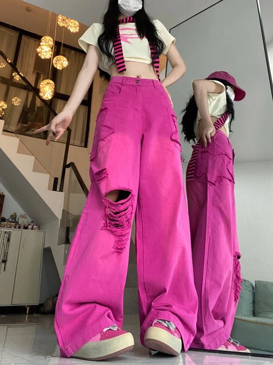 Ripped Jeans for High Waist Y2k Loose Star Korean Hip Hop Hole Wide Leg Denim Pants Harajuku Summer Slacks