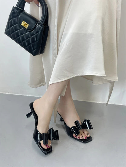 Patent Leather Butterfly Knot Slippers Square Toe Summer Sandals Low Thin Heels Mules Slides Shoes Size 39