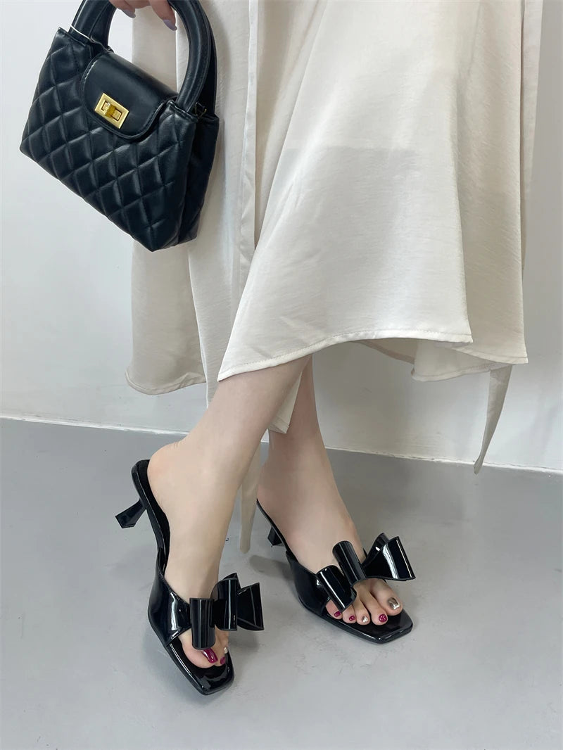 Patent Leather Butterfly Knot Slippers Square Toe Summer Sandals Low Thin Heels Mules Slides Shoes Size 39