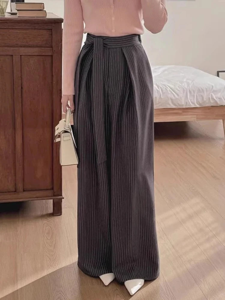 Korean Retro Strap Contrasting Striped Trousers Spring New French Style Highend Versatile Long Pants