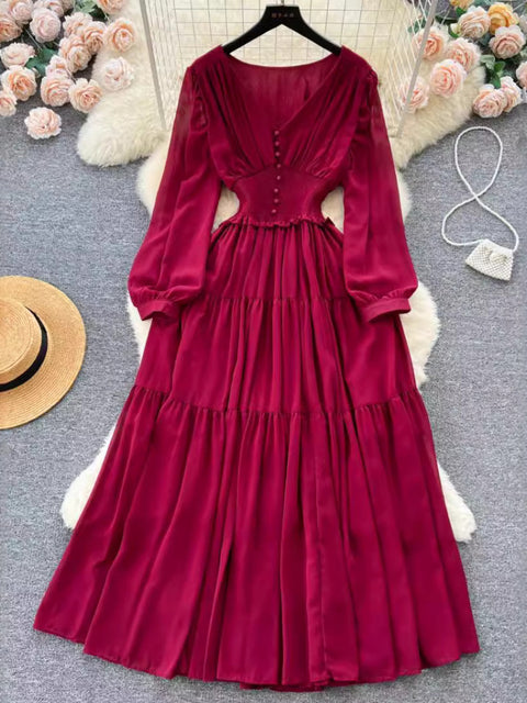 Chiffon Long Dress V-neck Long Sleeved Dresses French Pleated Slim A-line Long Robe Vestidos