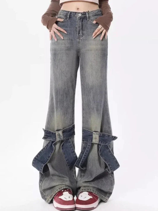 Blue Flared Jeans Kawaii Wide Leg Pants With Bow Korean Style Spring Cutecore High Wasit Denim Trousers