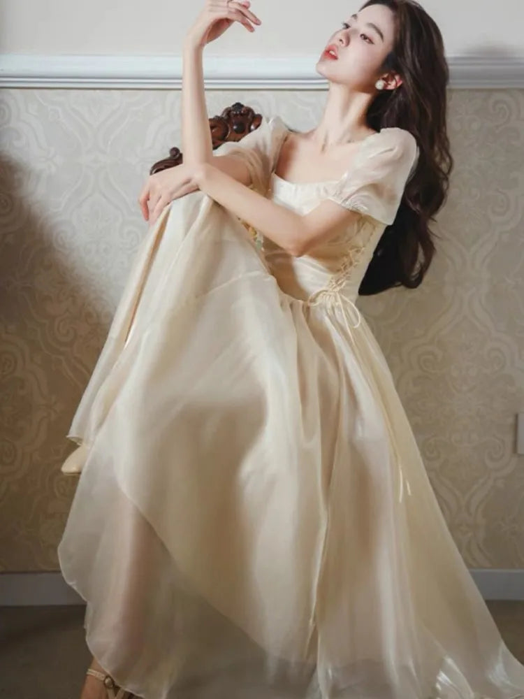 French Bubble Sleeves Dresses Summer Square Collar Evening Party Prom Sweet Chiffon Long Dress