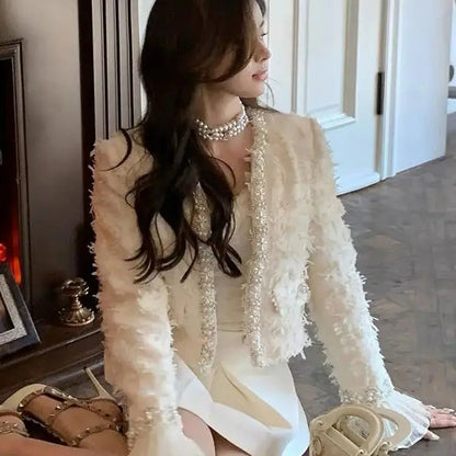 Fringed Tweed Coat New Autumn Long Sleeves Heavy Industry Embroidered Bell Bottoms Stitching Lace .