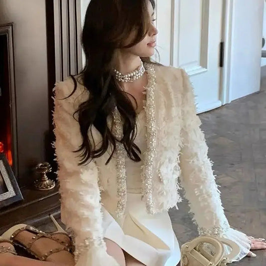 Fringed Tweed Coat New Autumn Long Sleeves Heavy Industry Embroidered Bell Bottoms Stitching Lace .