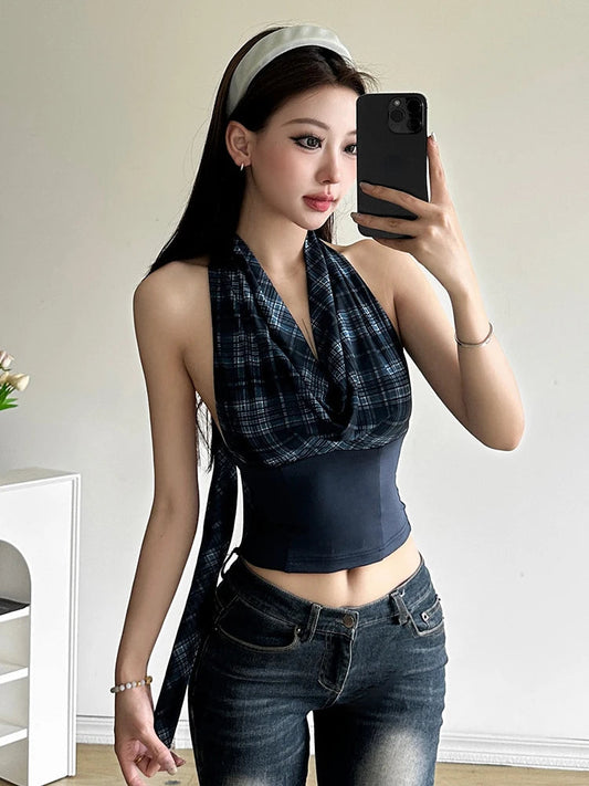 Korean Sleeveless Tank Tops Plaid Y2k Crop Top Female Outdoors Backless Blouse