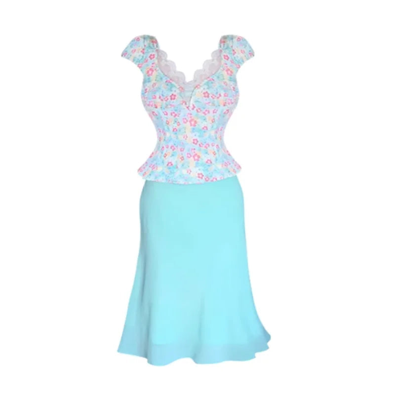 Suit Summer Lace Shortsleeved Tshirt High Waist Kneelength Skirt Twopiece Set Female Clothes