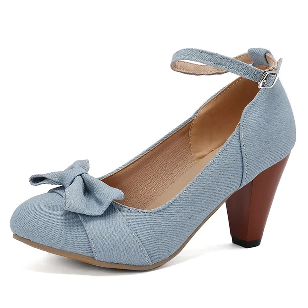 48 Brand New Round Toe Chunky Heel Pumps Bow Buckle Summer Party Shoes