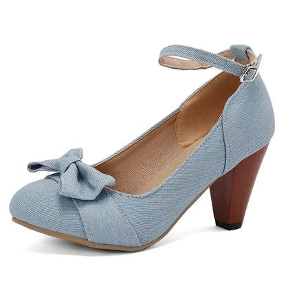 48 Brand New Round Toe Chunky Heel Pumps Bow Buckle Summer Party Shoes