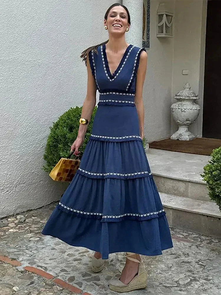 Tassel Spliced Print Ruffles Long Dress V Neck Sleeveless A-line Robe Lady Holiday Robe