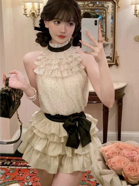 Y2k Polka Dot Two-piece Set Chiffon Halter Sleeveless Top Ruffles A-line Cake Mini Skirt Summer New Korean Outfits