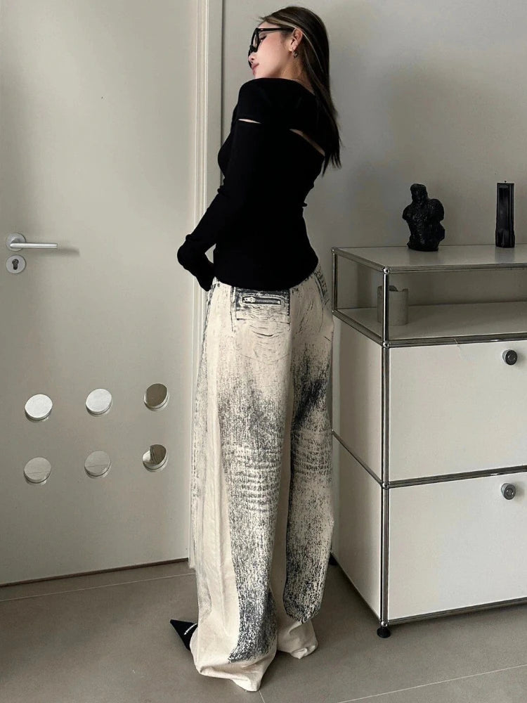 Tie Dye Jeans Hip Hop Baggy Street Do Old Straight Wide Leg Denim Trousers Y2k Dirty Female Pants