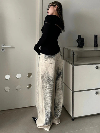 Tie Dye Jeans Hip Hop Baggy Street Do Old Straight Wide Leg Denim Trousers Y2k Dirty Female Pants