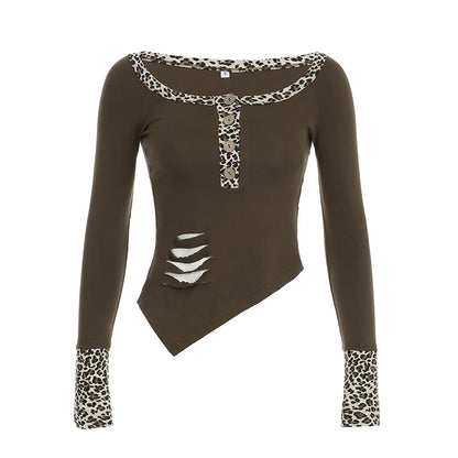 Y2k Retro Irregular ��s Tops Long Sleeve Patchwork Leopard Square Collar Button Ripped T-shirts