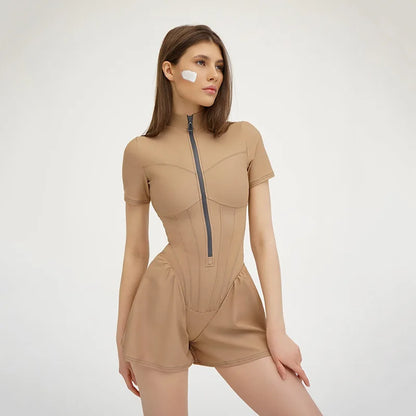 Y2k Cross Border Hot Selling Tight Skirt Jumpsuit Spring/summer New ’s Round Neck Short Sleeve Zipper Bottom Shirt