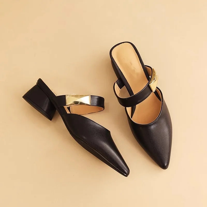 Pointed Metal Decorate Muller Shoes Designer Platform Half Slippers High Heel Woman Sandals