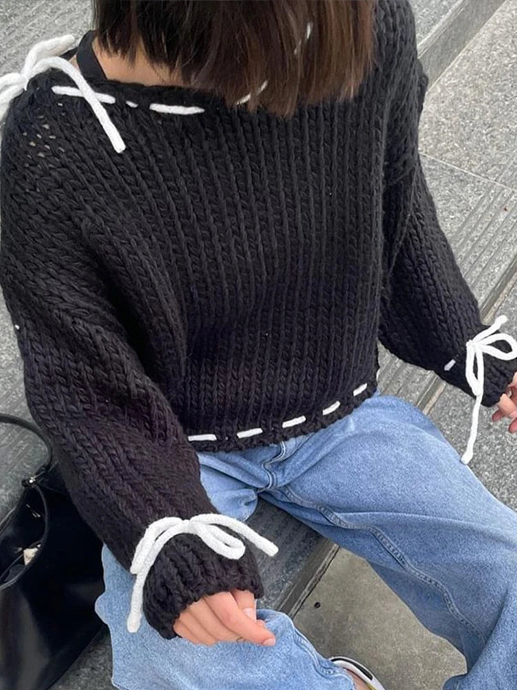 Loose Lace Up ’s Sweater Round Neck Long Sleeves Pullover Top Lady Autumn
