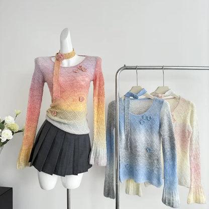 Sweet Hot Girl Gradient Slim Fit Sweater for Spring and Autumn Flower Oneck Knitted Pullover Female Clothes