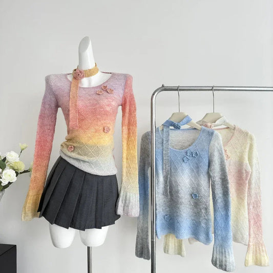 Sweet Hot Girl Gradient Slim Fit Sweater for Spring and Autumn Flower Oneck Knitted Pullover Female Clothes