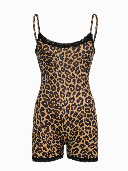 Sleeveless Skinny Leopard Rompers Contrast Lace Patchwork Camisole Bodys Rave Street Club Playsuit