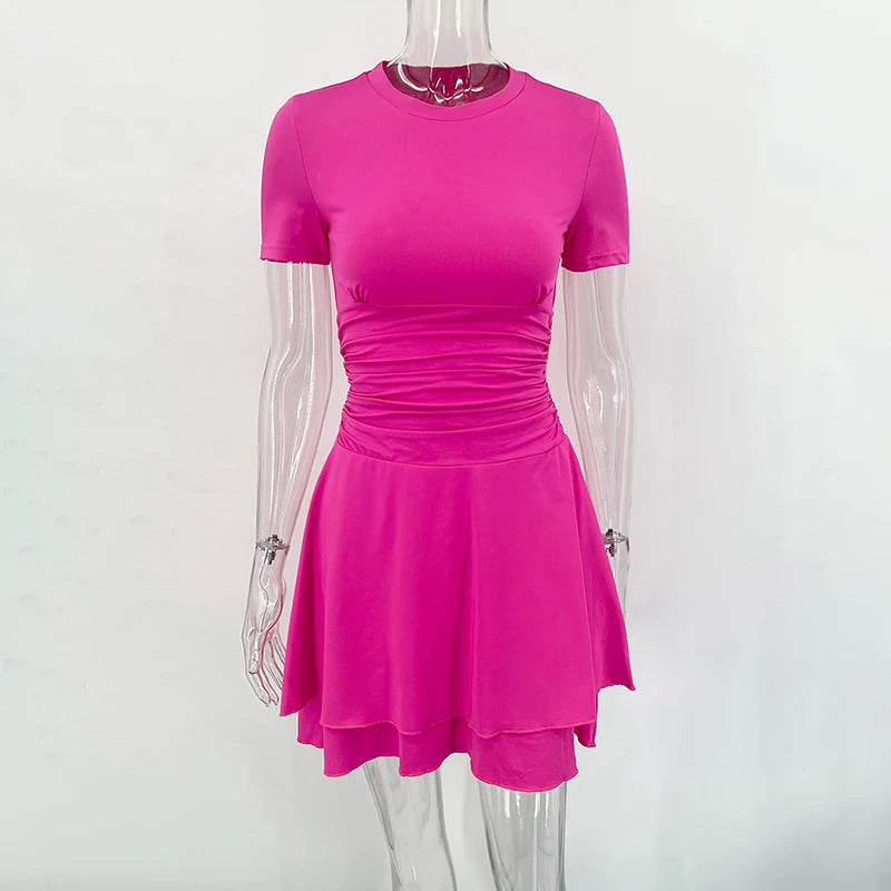 Folds Ruffled Mini Dress for Summer New Color Short Sleeves Female Clubs Party Slim Fit Dress