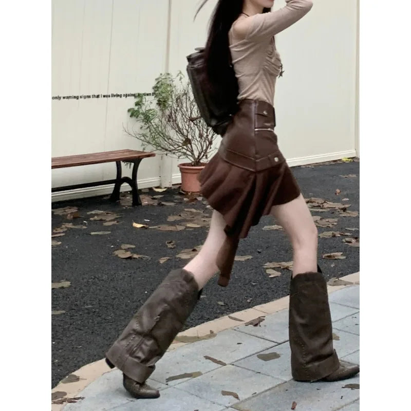 Faux Leather Splicing Pleated Mini Skirt Autumn New Color Asymmetric Aline Skirt