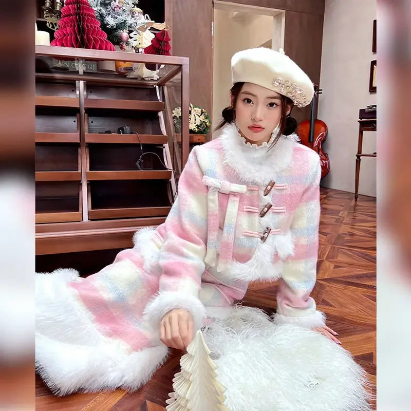 Winter Clothes New Splicing Sweet Woolen Set High End Bull Horn Buckle Grid Wool Coat Long Skirt Two Piece Set Outfits