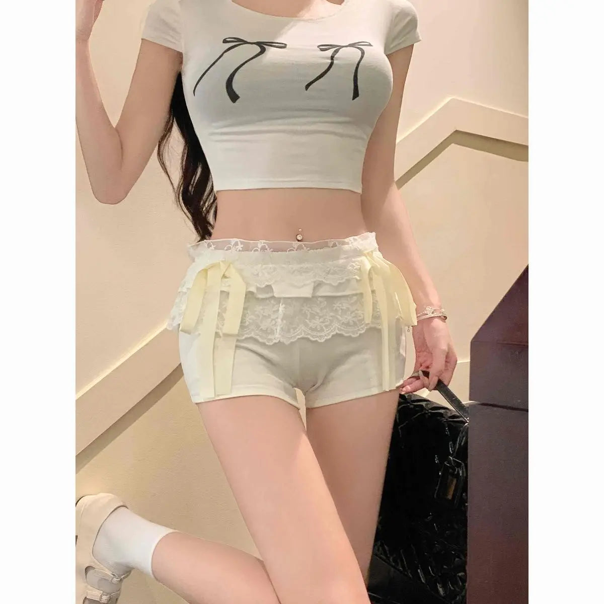Ballet Style White Lace Low Waist Shorts Clothing Summer New Sweet Slimming Underwear Bow Leggings Shorts