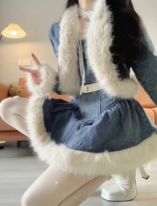 Autumn Winter Korean Temperament Patchwork Plush Denim Jacket + Slip Dress Pants Slimming Versatile 2 Pieces Set
