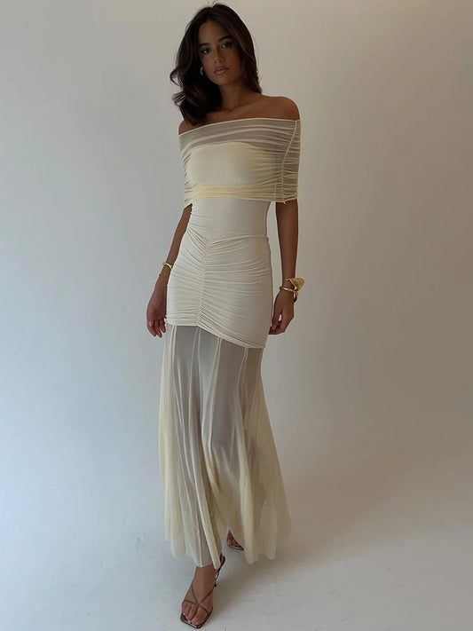Strapless Pleated Mesh Splice Maxi Dress Two-piece Backless See Through Party Dresses Slim One Step Dress