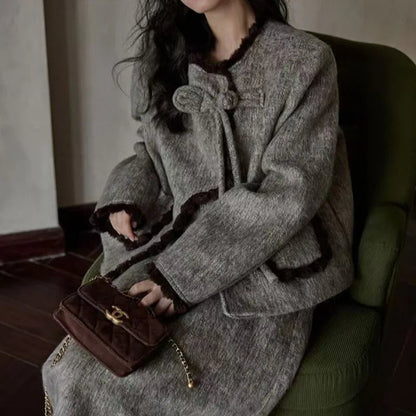 Sweet Hot Girl Suit Winter Oneck Longsleeved Coat High Waist Aline Skirt Twopiece Set Female Clothes