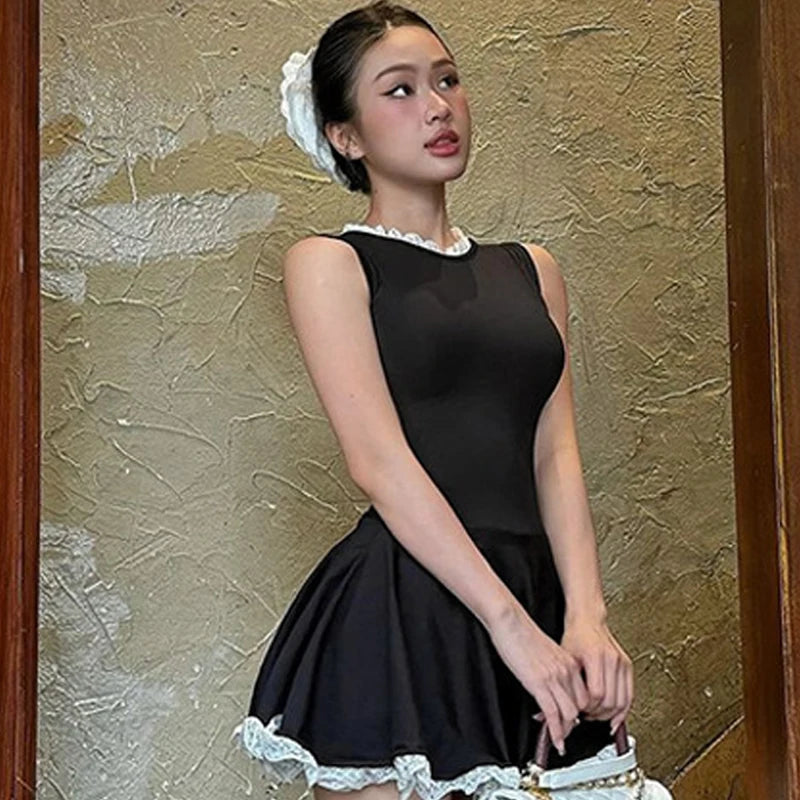 Splice Lace Mini Dress for High Waisted Slim Folds Aline Hem Dresses Sleeveless Evening Party Dress Lady